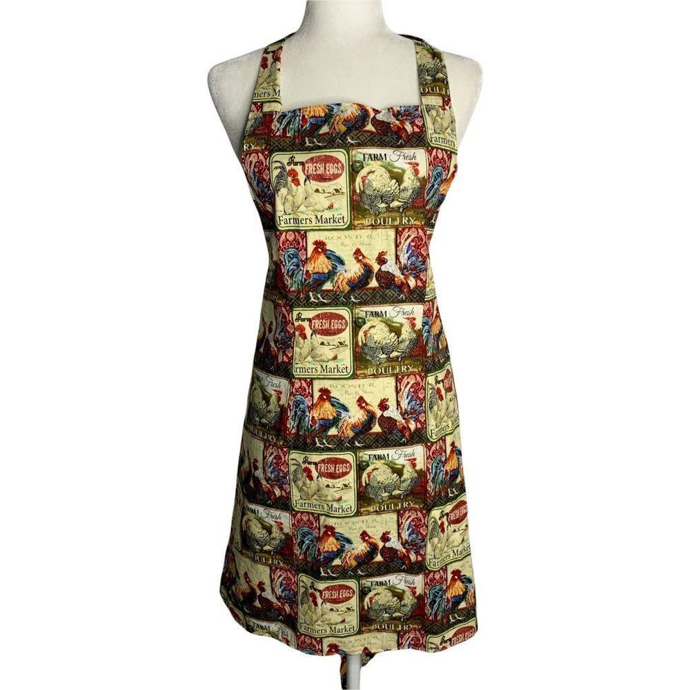 Full Length Reversible Apron One Size Chickens Roosters Waist Neck Pocket NEW